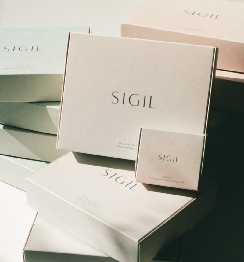 Sigil minimalist premium box packaging in soft tones